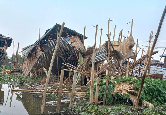 Ruins of a flooded home which was destroyed by the earthquake in Myanmar.