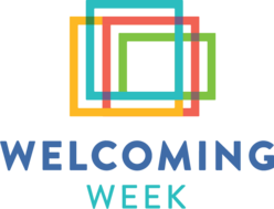 Welcoming Week logo. Image includes blue, red, yellow, and green squares overlapping each other and below is the text "WELCOMING WEEK"