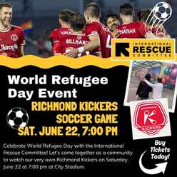 Soccer players celebrate above a flyer advertising the World Refugee Day event
