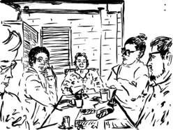 Drawing by Terrance Ho of community joined around table of food