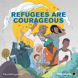 An illustration of five men and women of different ages and cultures, including a baby, an older woman with a hijab and a young man with hair dyed blue. There is destruction behind them and they are looking forward with images of waves ahead of them.
