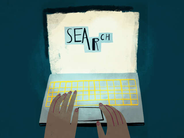 Illustration of a person working on a laptop with a screen reading "search".