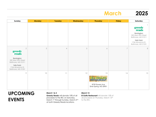 March fundraiser calendar