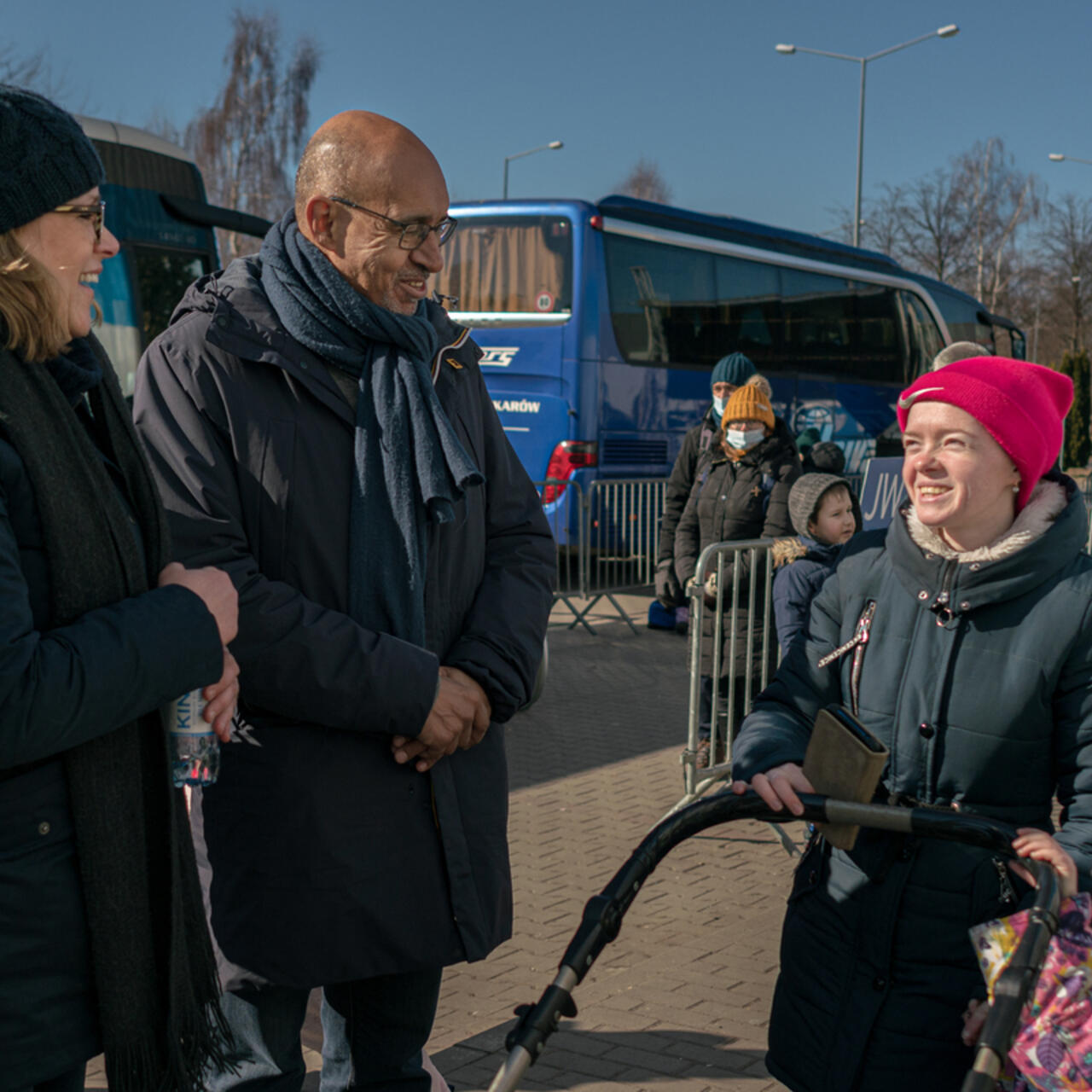 Harlem Désir, the IRC's senior vice president in Europe, visits the Polish border with Ukraine to meet with refugee families who had fled the conflict.