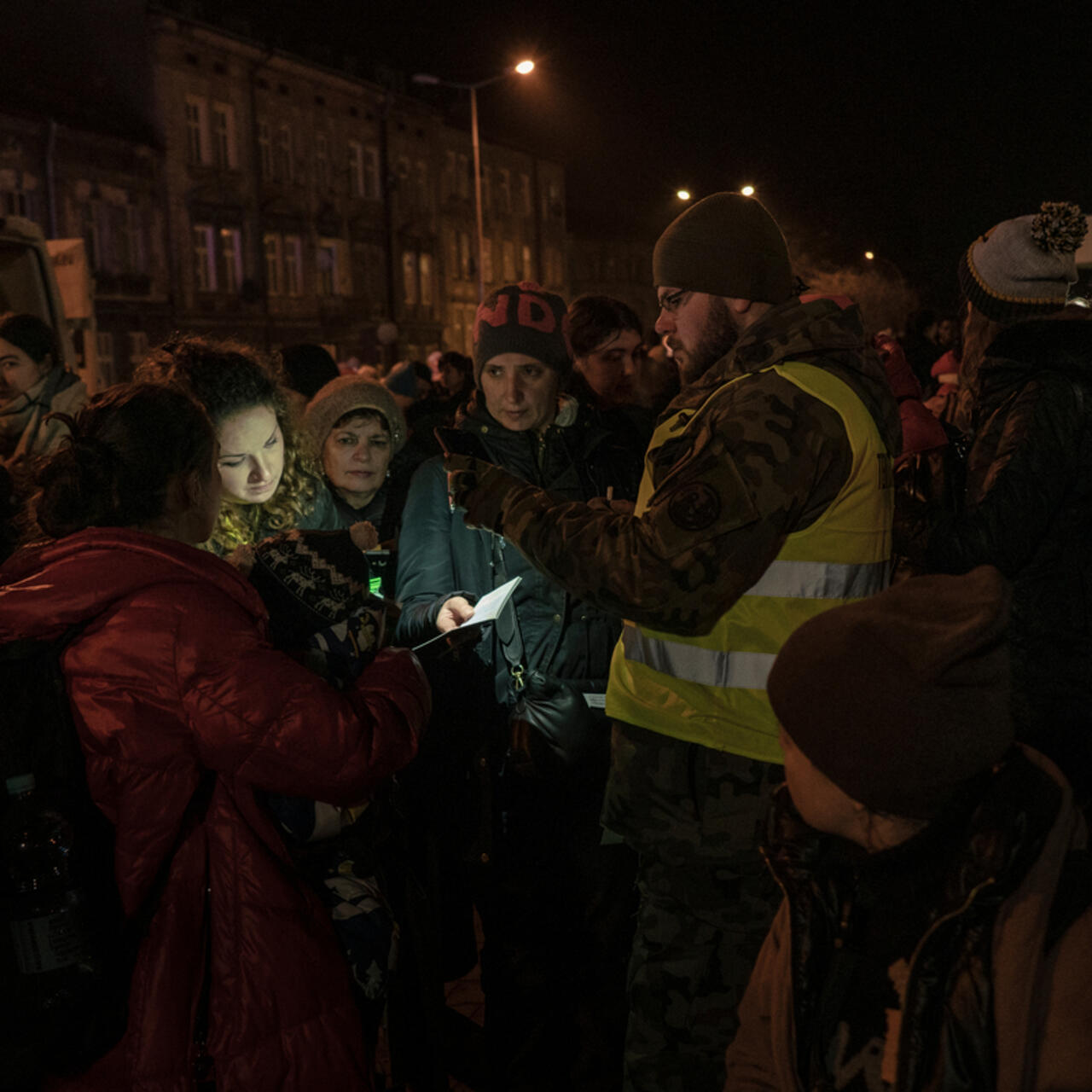 Ukrainian refugees gather at Przemysl railway station