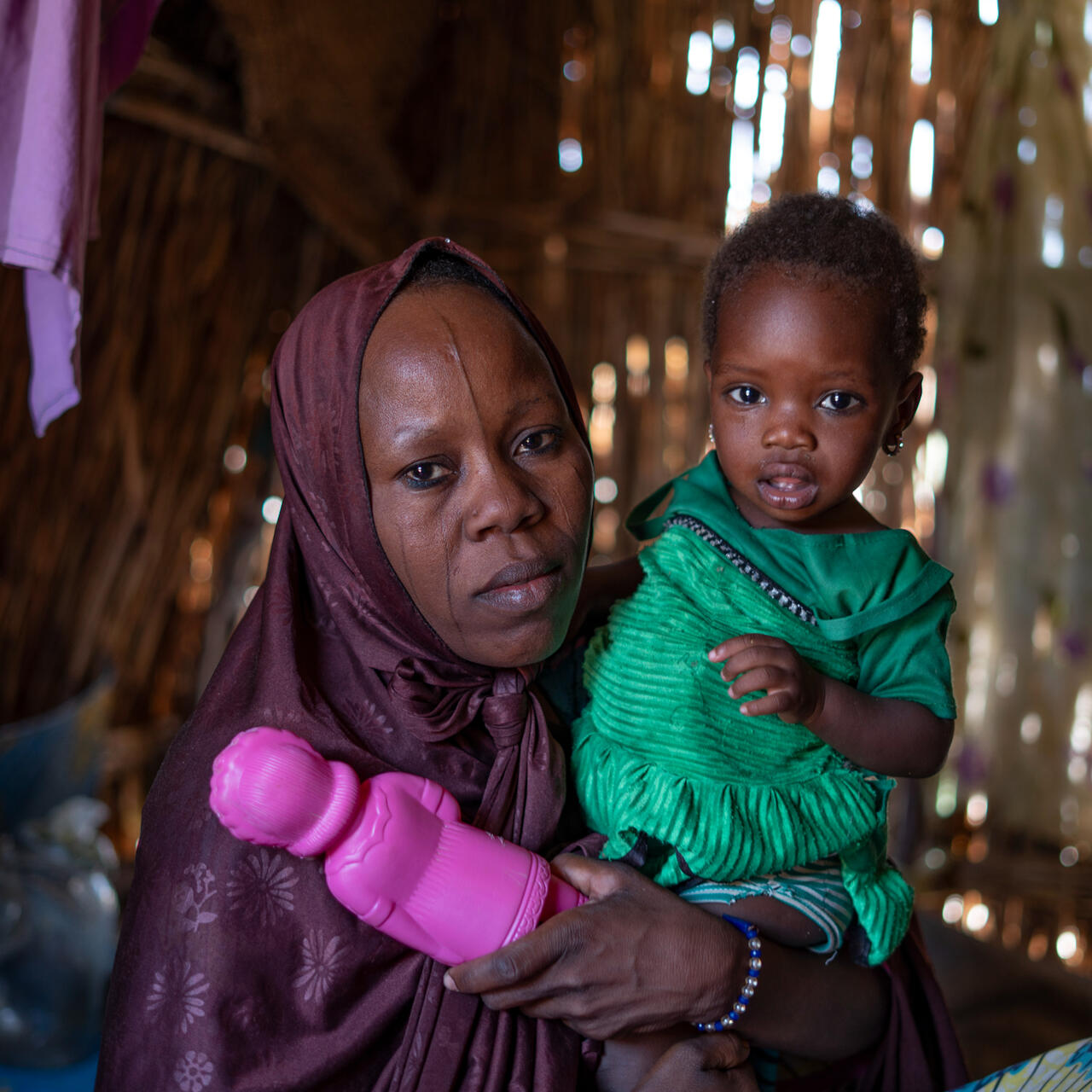 A woman holds her child in her home in Awaridi village, Niger