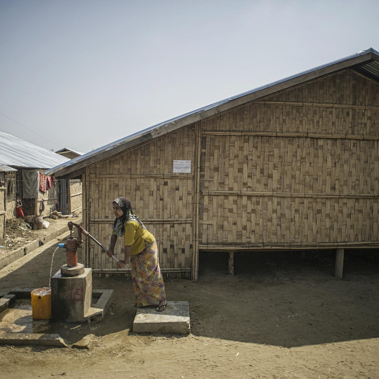 A woman pumps water
