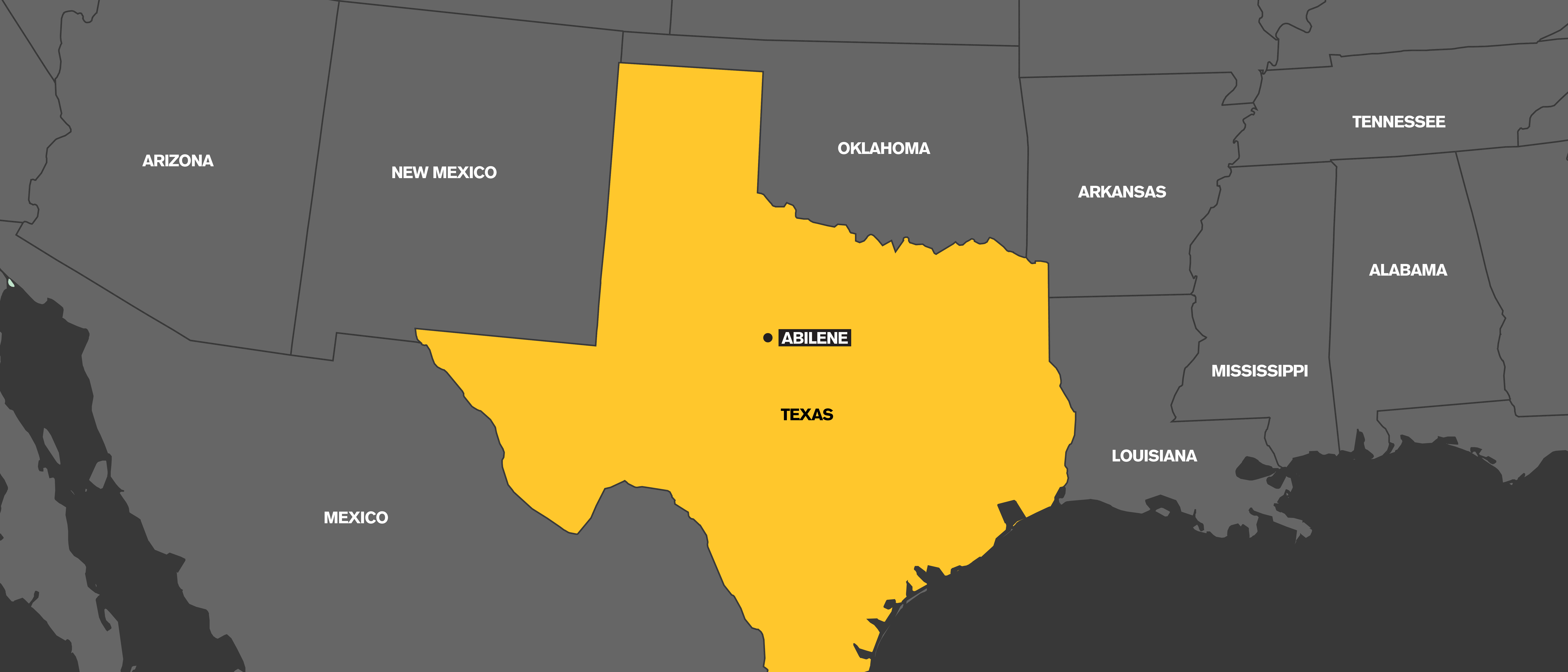 A map which highlights the state of Texas in yellow.