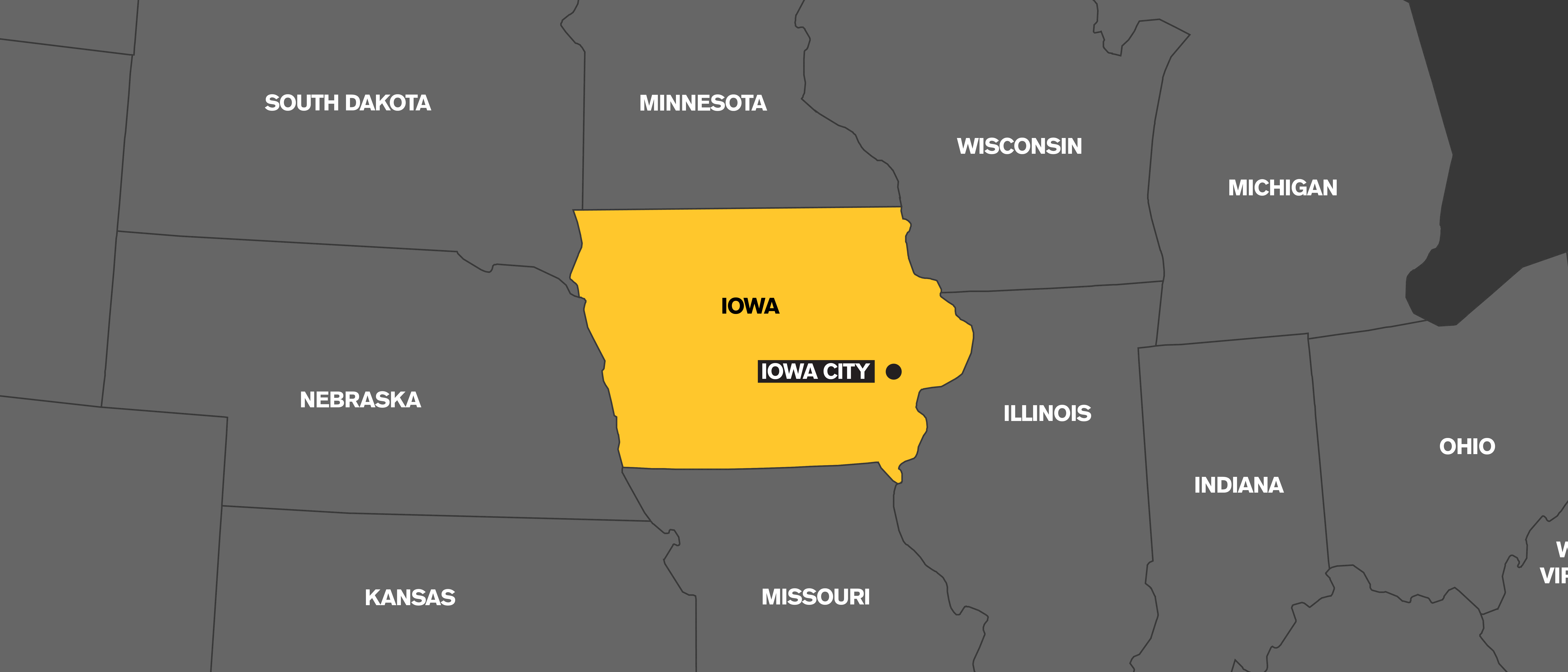 A map which highlights the state of Iowa in yellow.