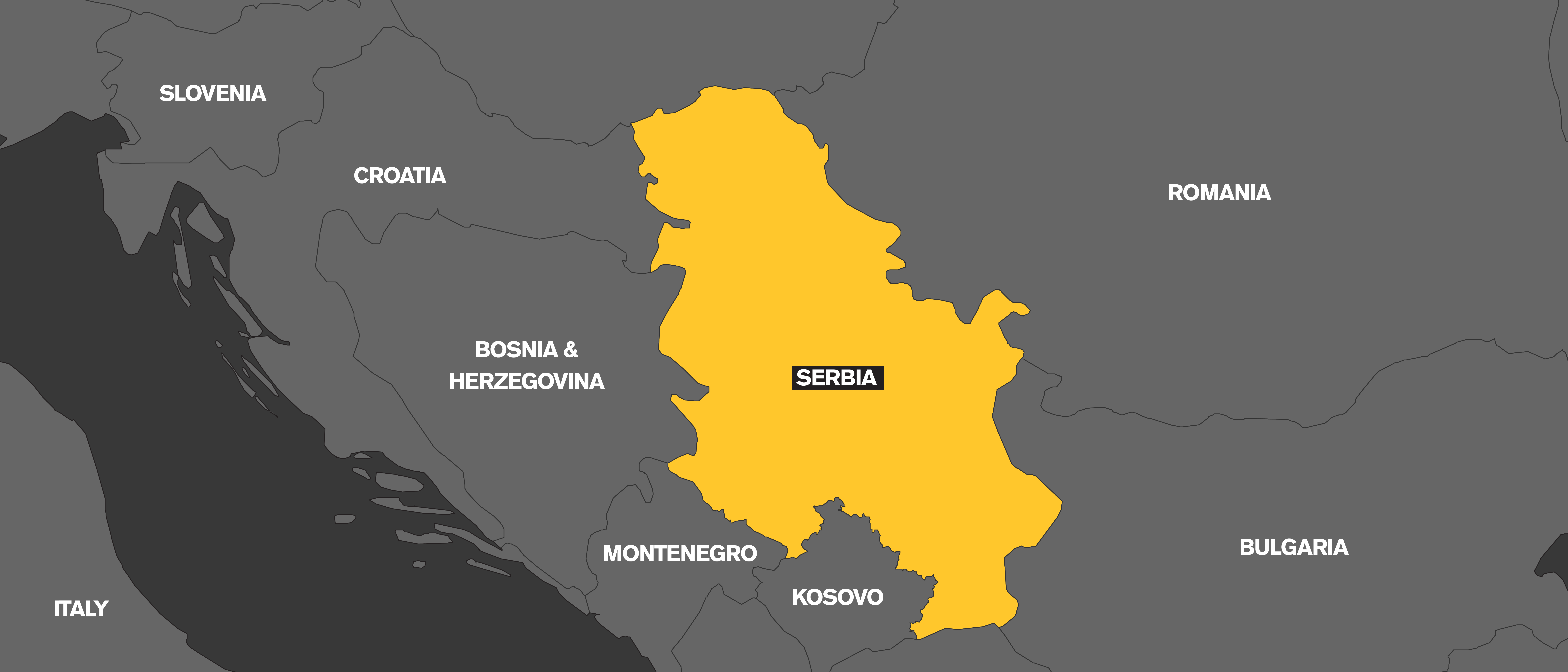 A map which highlights the country of Serbia in yellow.