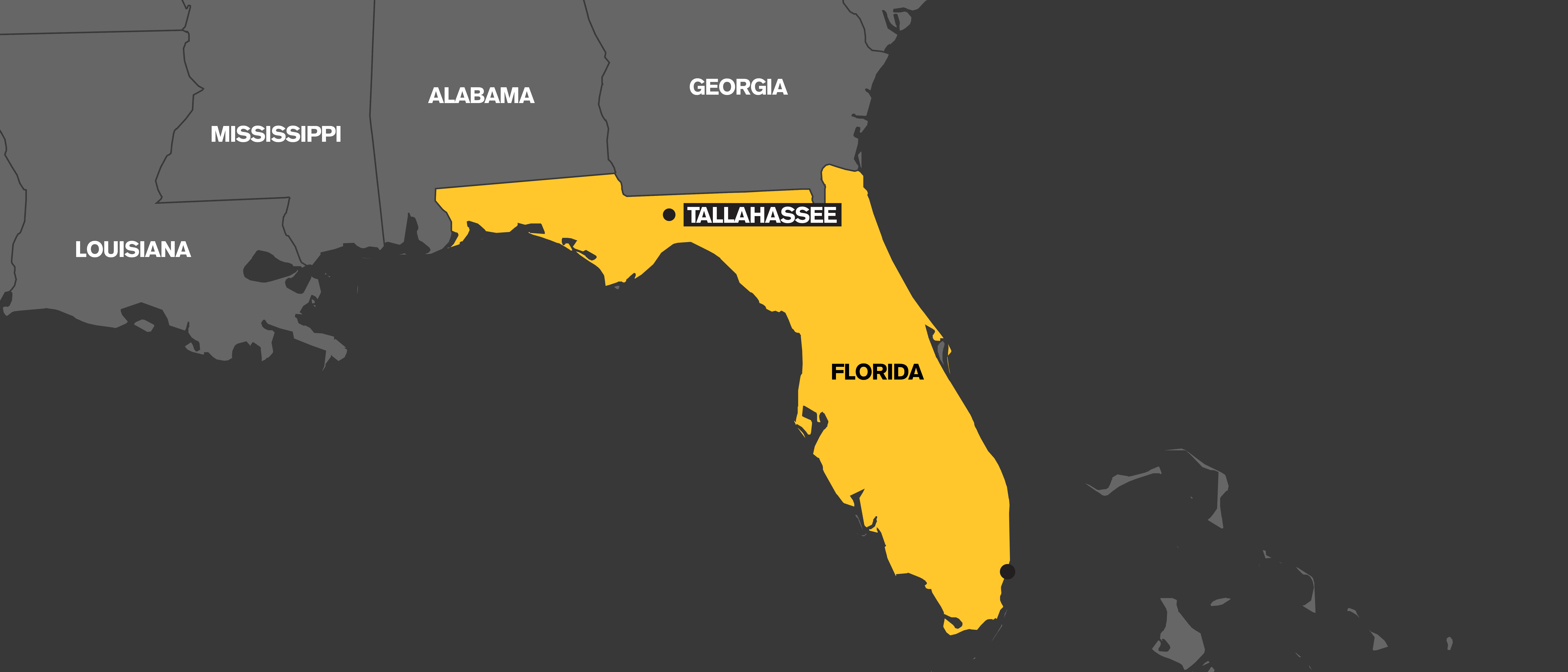 A map which highlights the state of Florida in yellow.