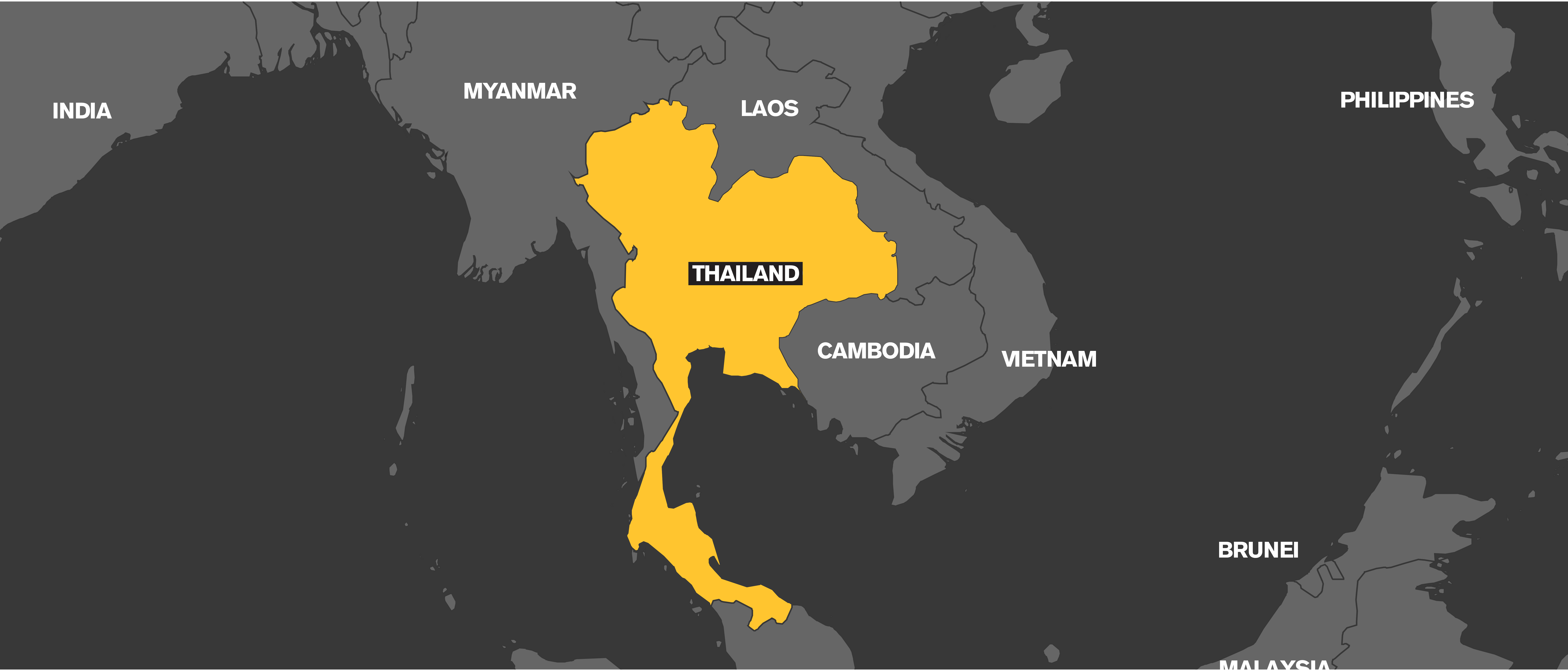 A map which highlights the country of Thailand in yellow.
