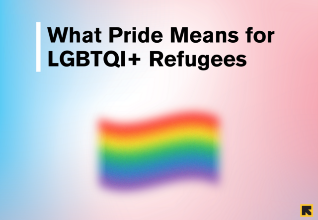 A graphic with the transgender pride flag as a background and a rainbow LGBT pride flag underneath the words "What Pride Means for LGBTQI+ Refugees"