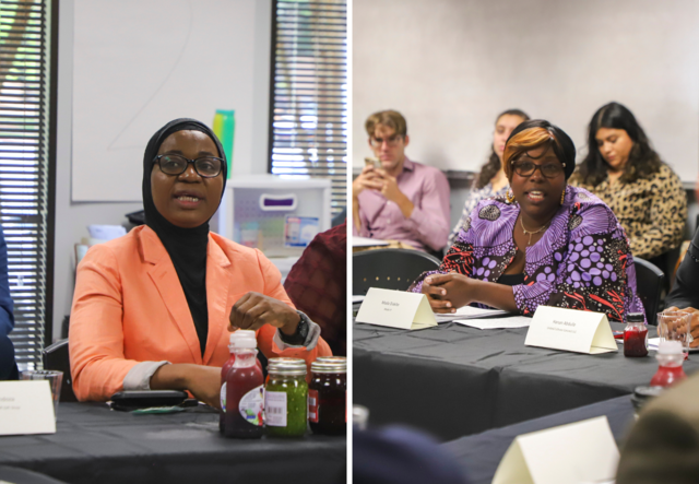 Nimota Dairo and Adja Mada Diakite speaking to the room from her seat at the round table.