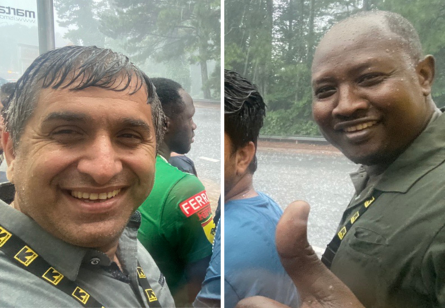 IRC Logistics Staff standing in the rain at a MARTA bus stop.