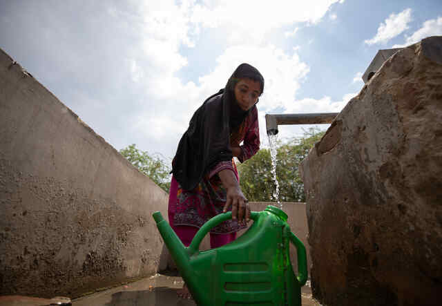 파키스탄 신드에 사는 구디가 밭에서 핸드 펌프를 사용하고 있습니다.