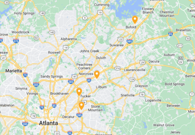 A map of the Greater Atlanta Area with pins on the four locations of IRC in-person English classes.