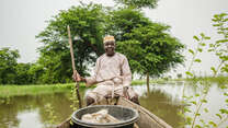 En fiskare sitter i en båt omgiven av ett grönt landskap i Nigeria. 