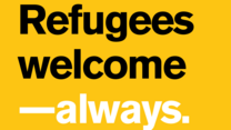 Refugees welcome, always on a yellow background